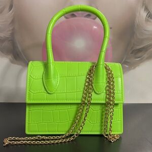 Lime Green Croc-Embossed Chain Strap Handbag